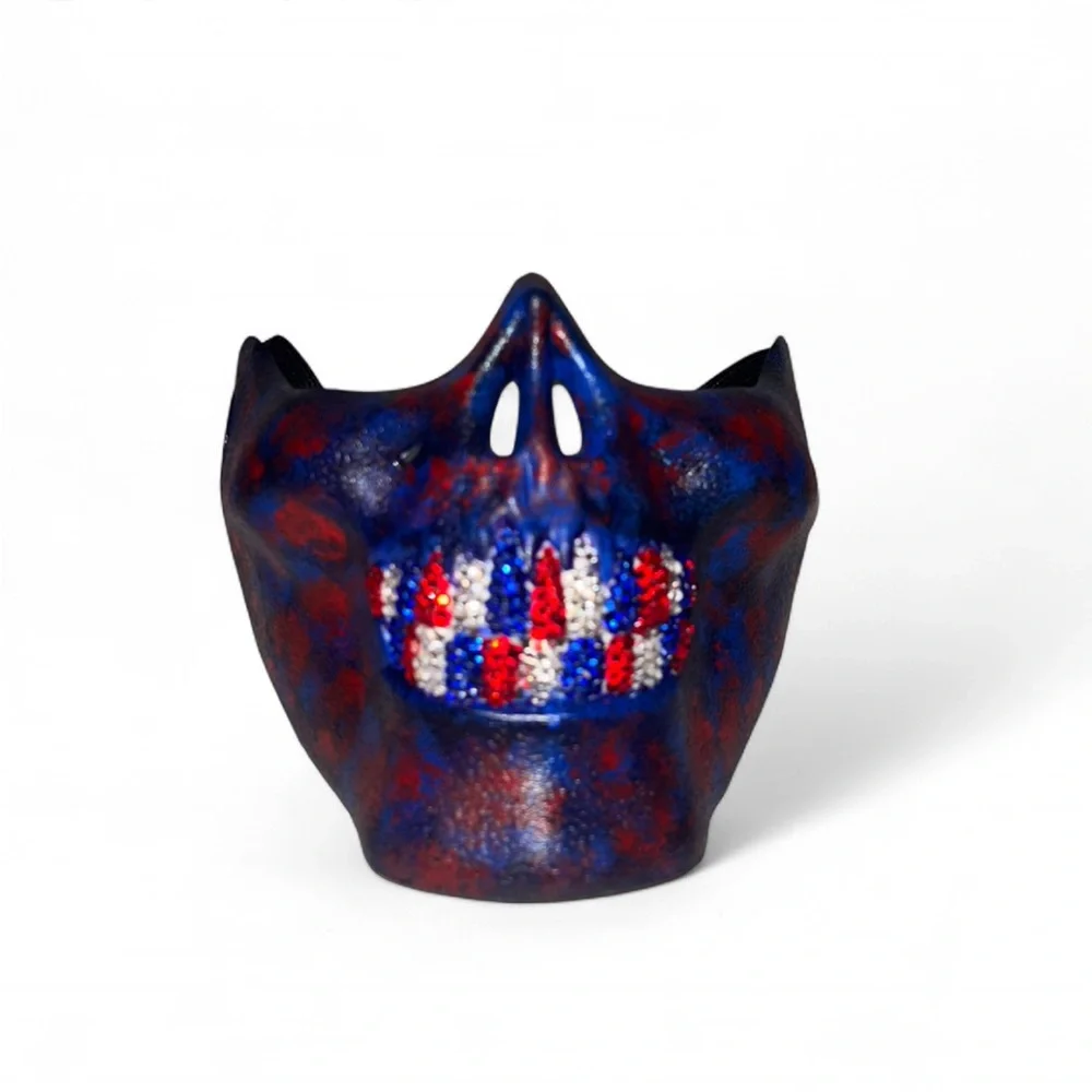 Blue & Red Half Skull Mask With Blinged Out USA Mix Luxe Crystal Grillz New